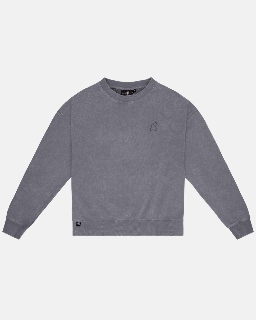 A washed grey crewneck sweatshirt with a logo on the left chest.