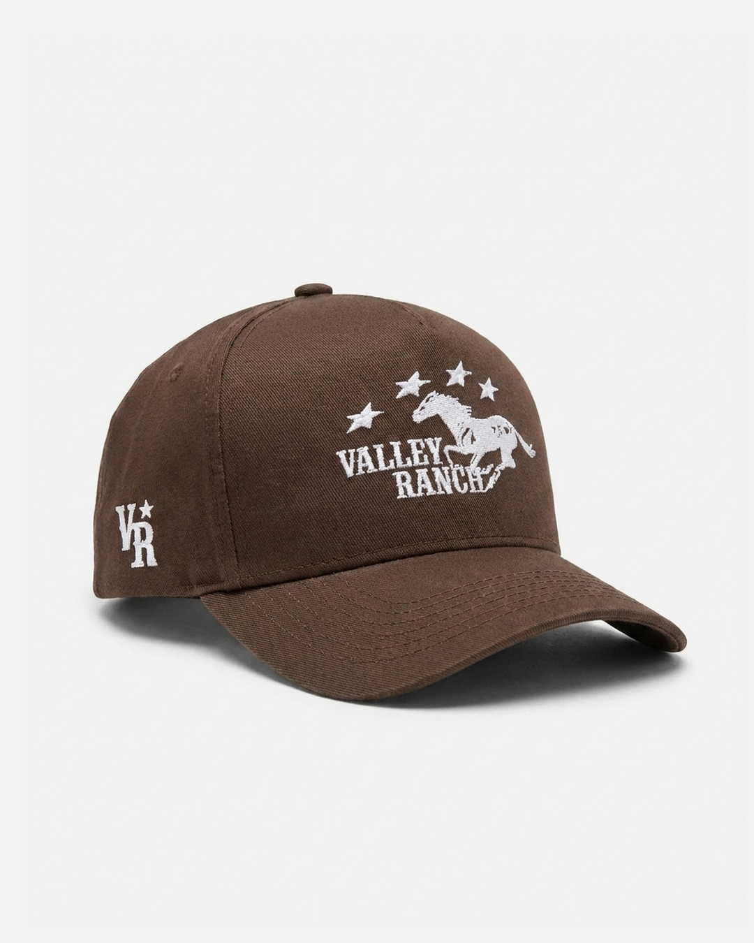 Valley Ranch Hat, brown snapback with white horse and stars embroidery