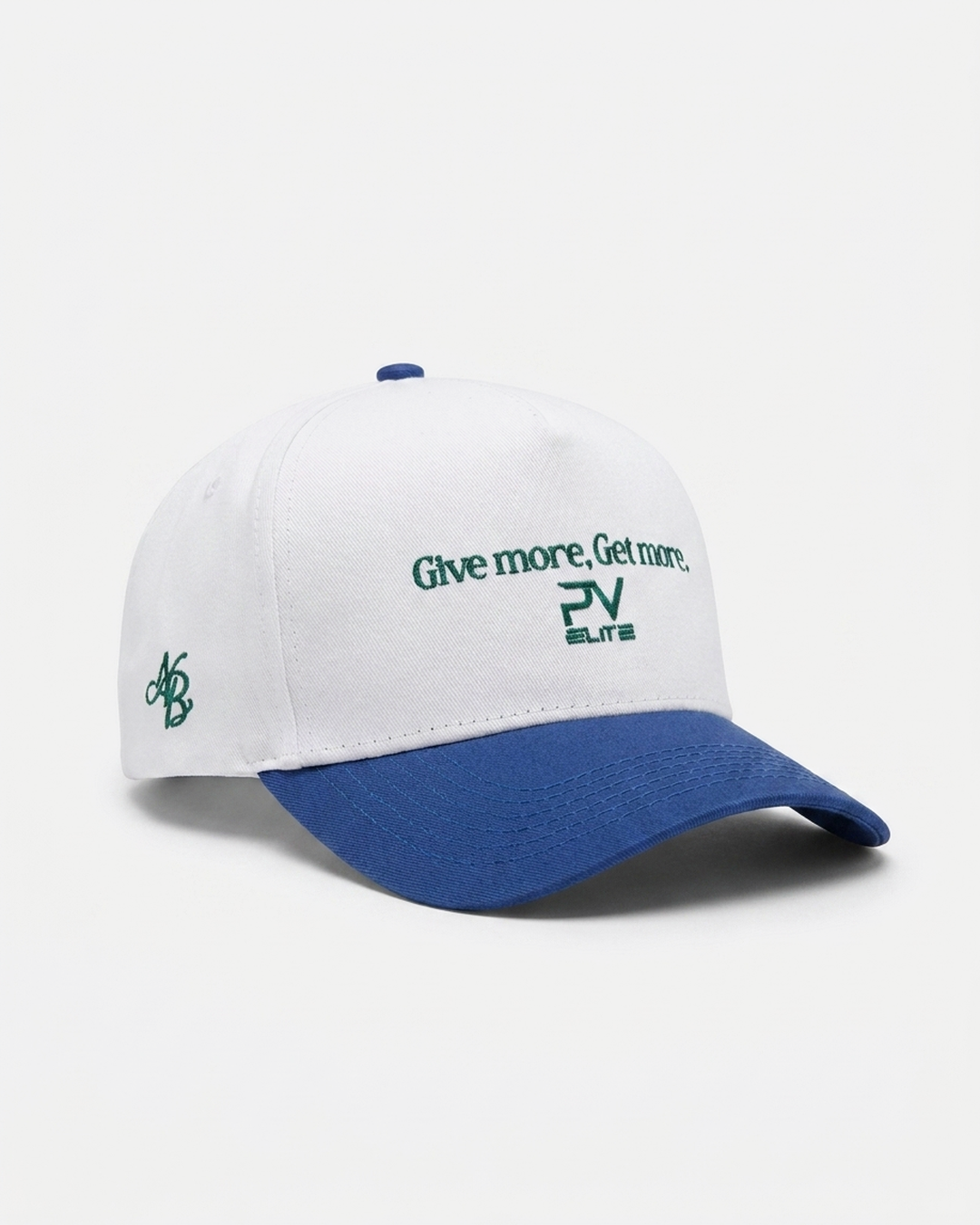 Give More Get More Hat, white crown with royal blue brim and green PV Elite embroidery