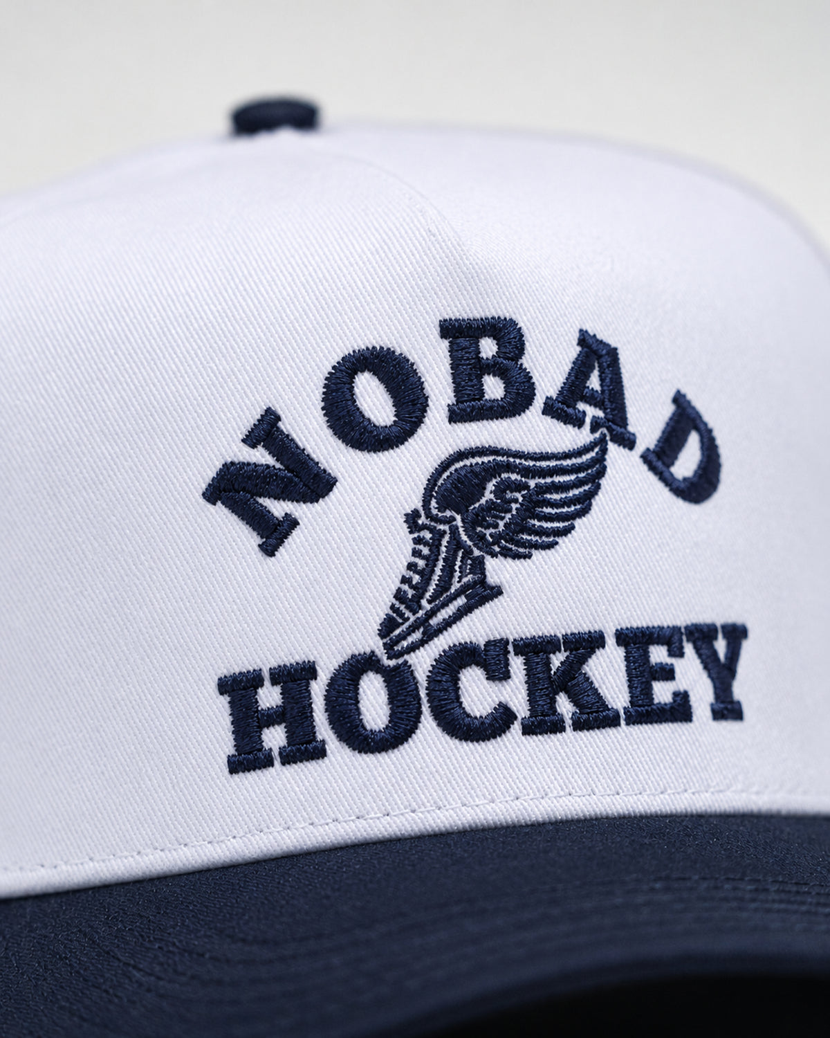 Vintage Hockey Hat in White & Navy, NOBAD HOCKEY embroidery detail
