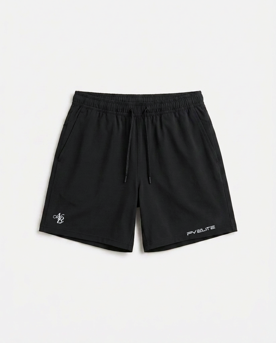 PV Elite Workout Shorts, black with white NB monogram and PV Elite leg prints