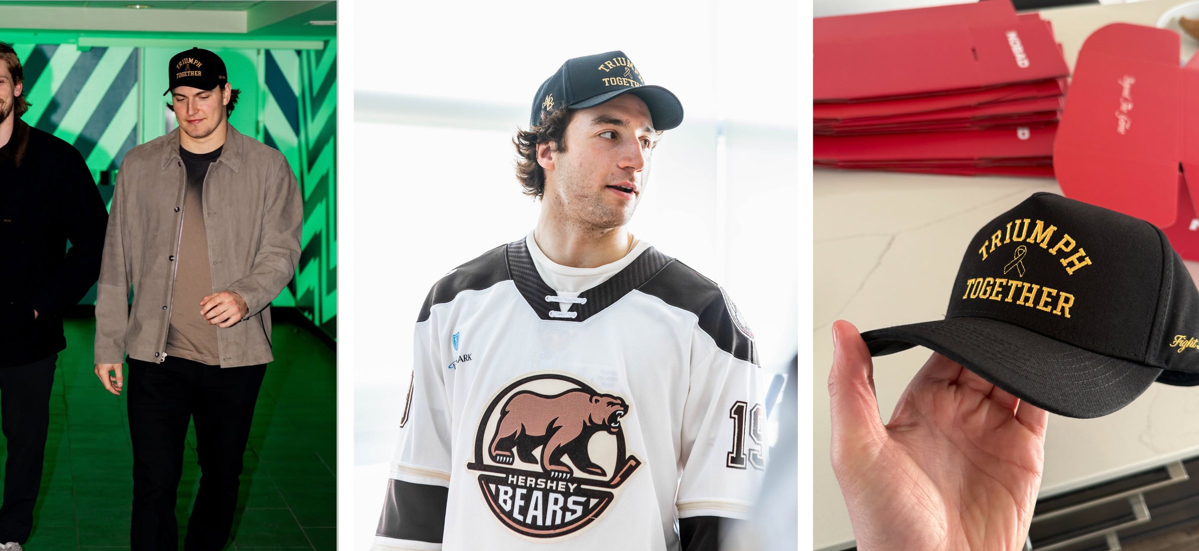 Triumph Together hat worn by hockey players alongside a close-up product photo