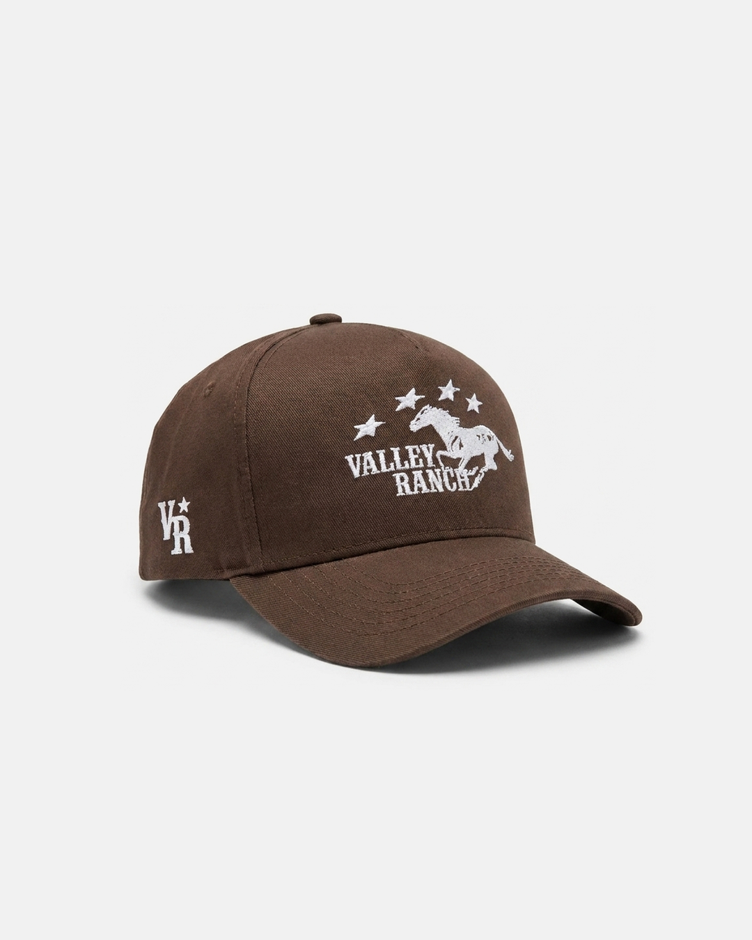 Valley Ranch Hat, brown snapback with white horse and stars embroidery